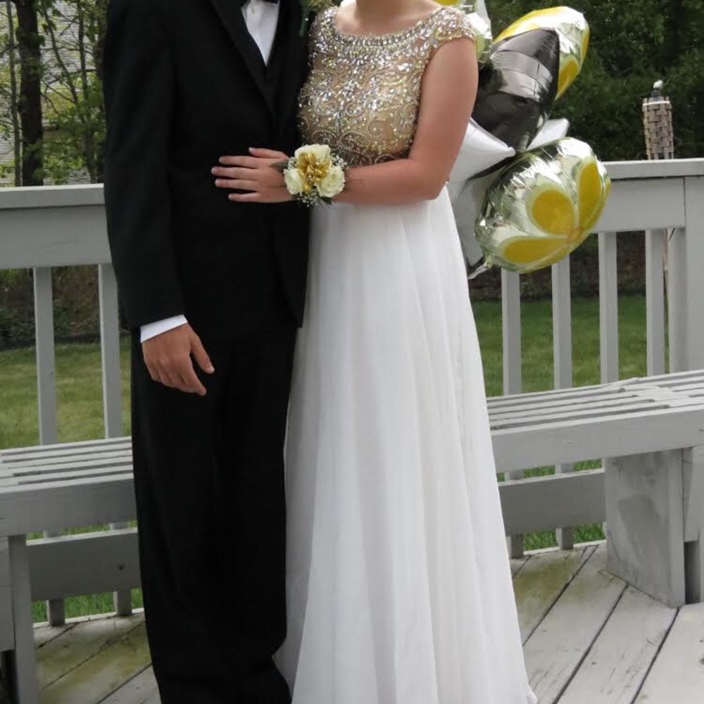 Beautiful white with gold detail prom dress!